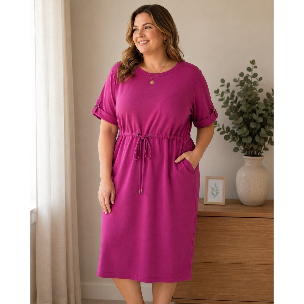 Appleseed's Jersey Knit Dress Women XL Dark Pink Drawstring Waist Pockets Casual